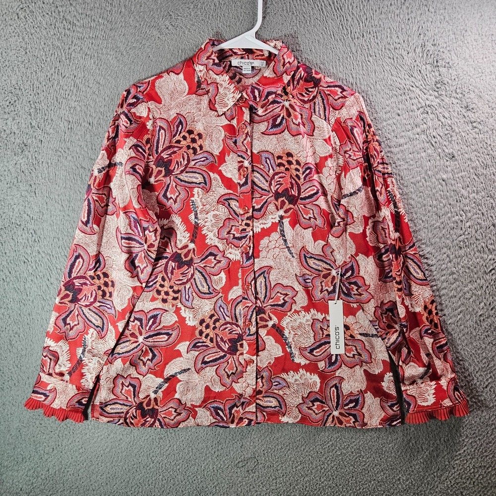NEW Chico's Shirt Top Women 0.5 US 6 Ruffle Hem Button Up‎ Geometri Red White